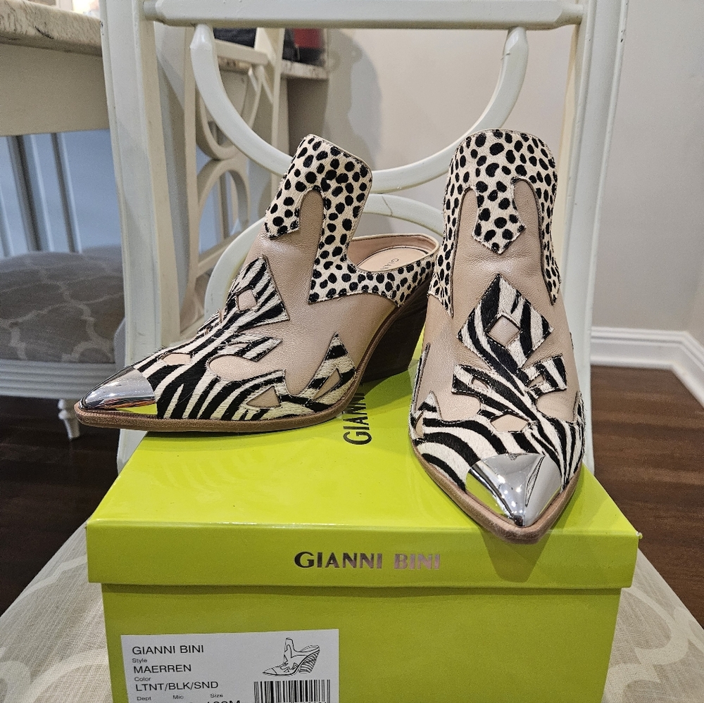 Gianni Bini Black and Cream Animal Print Heels with Silver Tips